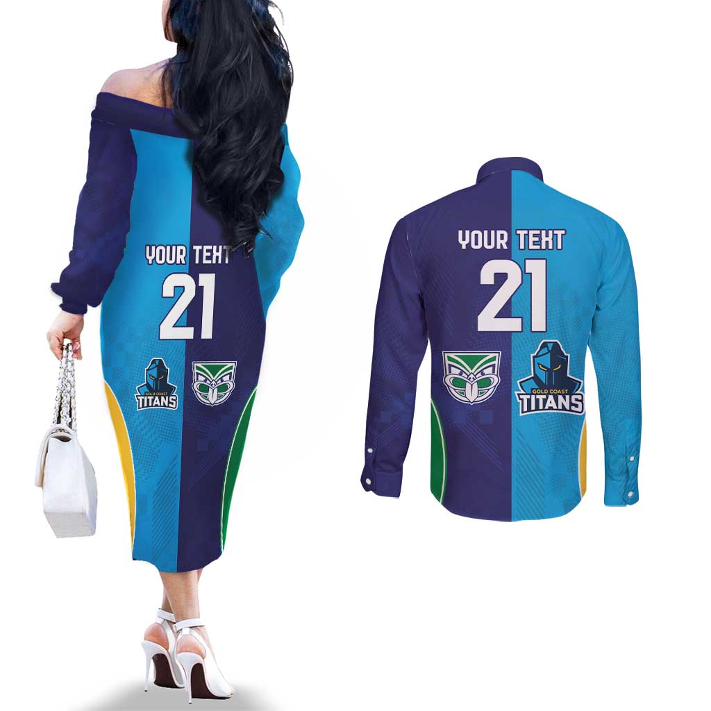 Custom Warriors-Titans Couples Matching Off The Shoulder Long Sleeve Dress and Long Sleeve Button Shirt Together Sporty Style