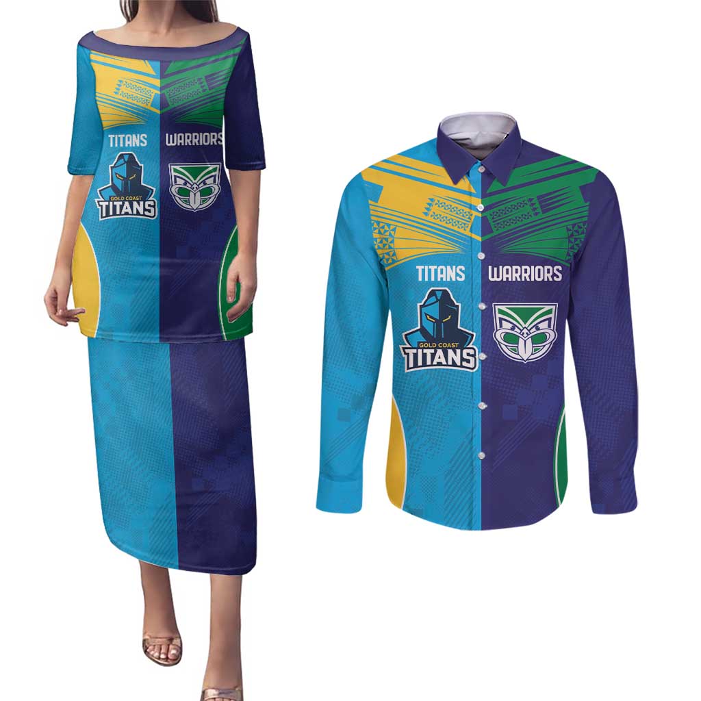 Custom Warriors-Titans Couples Matching Puletasi and Long Sleeve Button Shirt Together Sporty Style