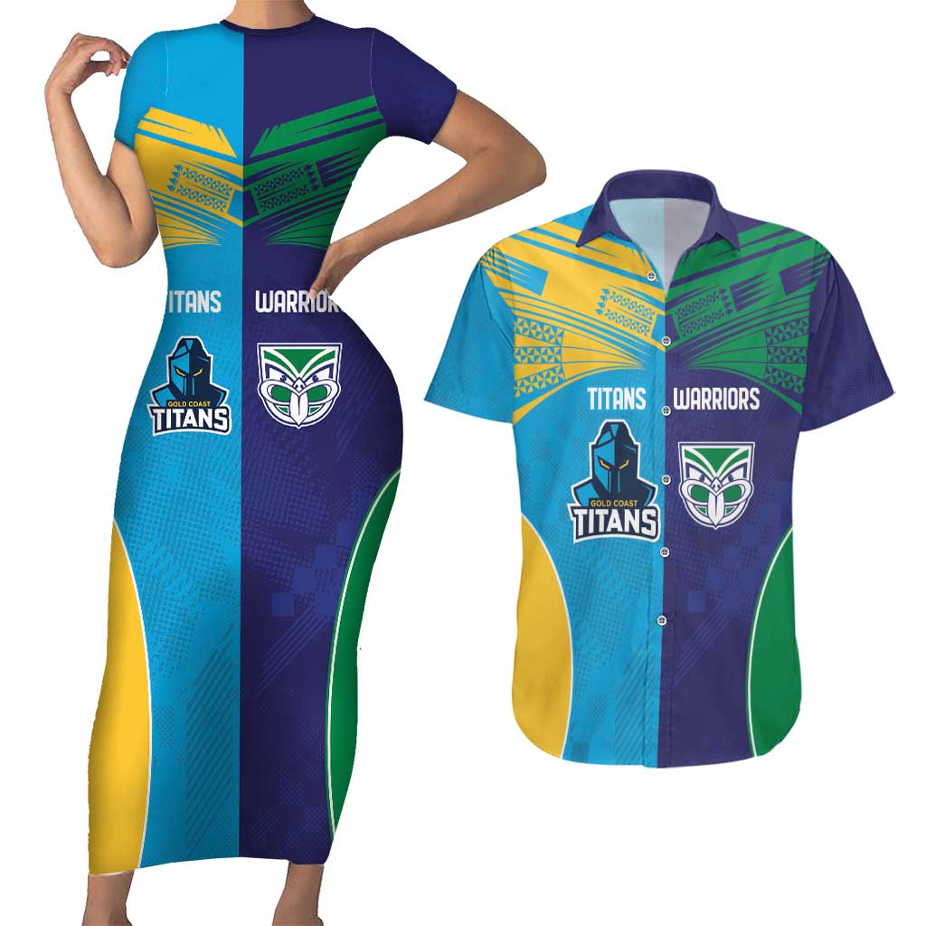 Custom Warriors-Titans Couples Matching Short Sleeve Bodycon Dress and Hawaiian Shirt Together Sporty Style