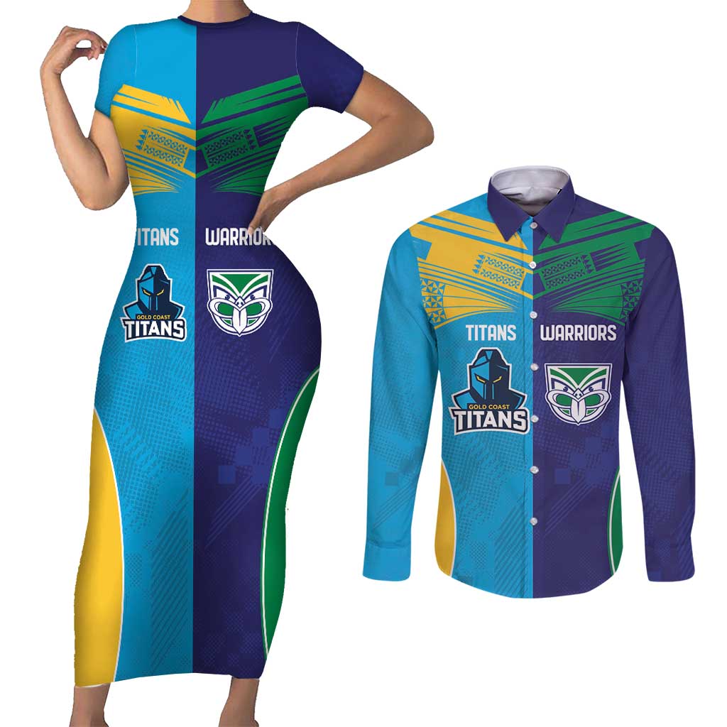 Custom Warriors-Titans Couples Matching Short Sleeve Bodycon Dress and Long Sleeve Button Shirt Together Sporty Style