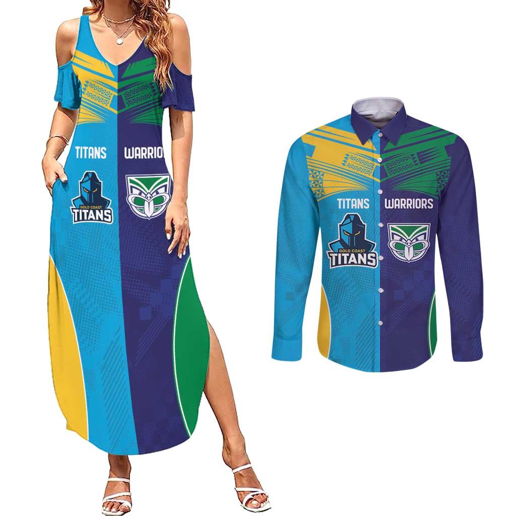 Custom Warriors-Titans Couples Matching Summer Maxi Dress and Long Sleeve Button Shirt Together Sporty Style
