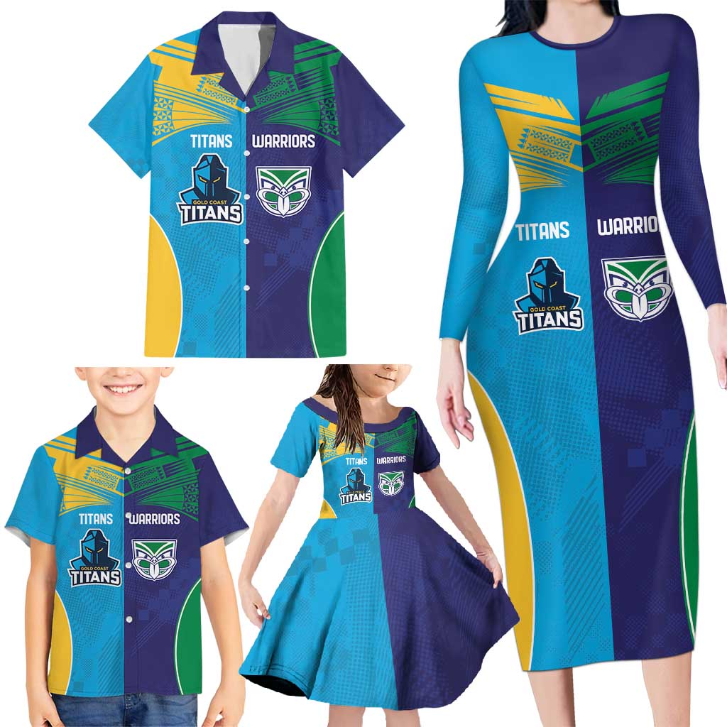 Custom Warriors-Titans Family Matching Long Sleeve Bodycon Dress and Hawaiian Shirt Together Sporty Style