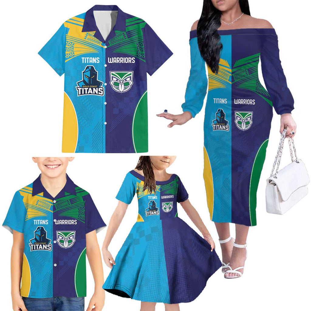 Custom Warriors-Titans Family Matching Off The Shoulder Long Sleeve Dress and Hawaiian Shirt Together Sporty Style
