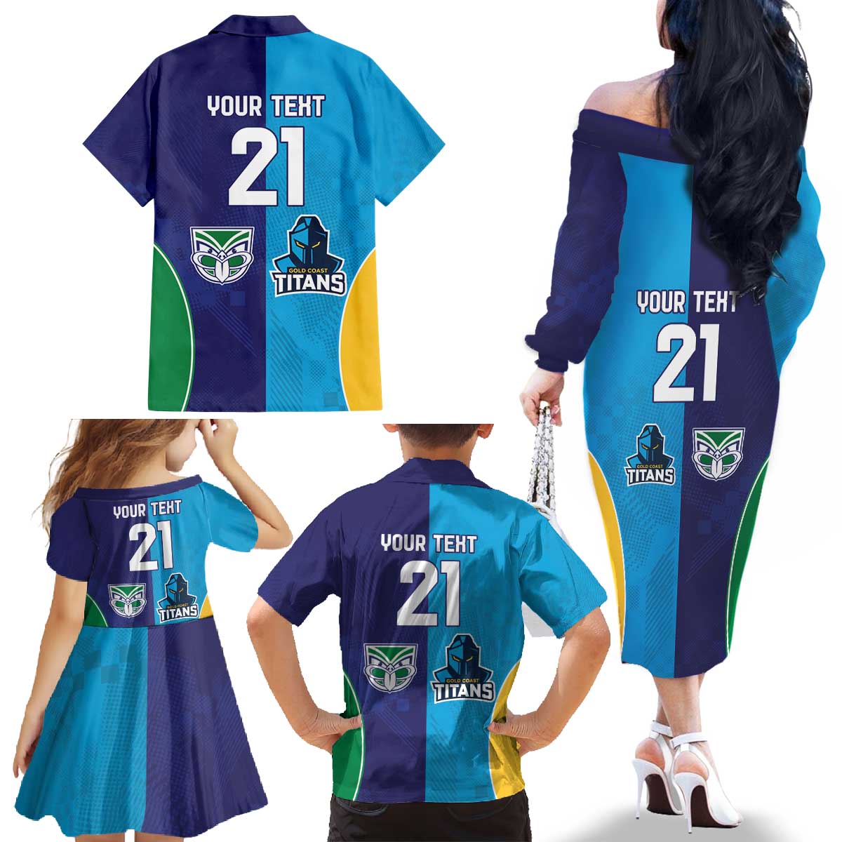 Custom Warriors-Titans Family Matching Off The Shoulder Long Sleeve Dress and Hawaiian Shirt Together Sporty Style
