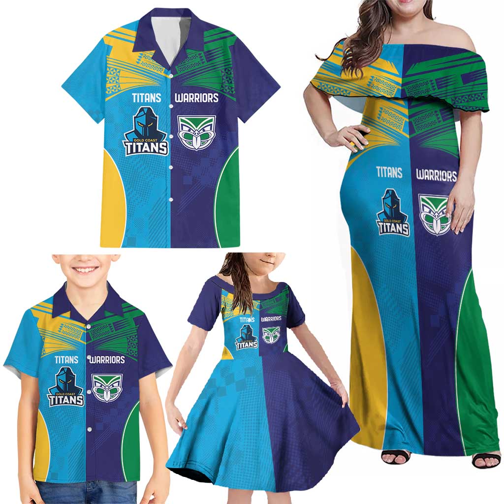 Custom Warriors-Titans Family Matching Off Shoulder Maxi Dress and Hawaiian Shirt Together Sporty Style