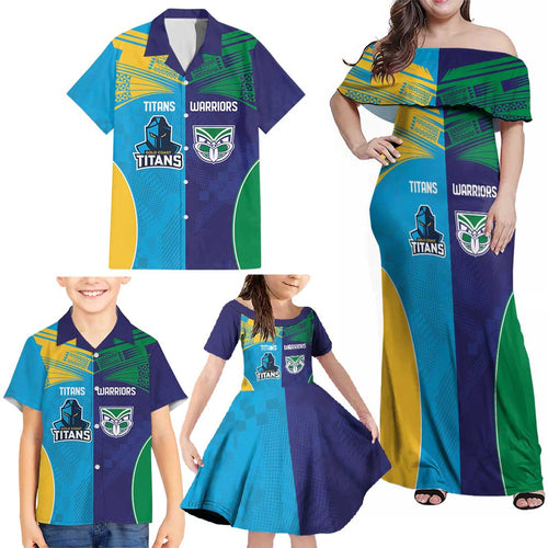 Custom Warriors-Titans Family Matching Off Shoulder Maxi Dress and Hawaiian Shirt Together Sporty Style