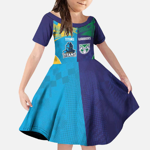 Custom Warriors-Titans Family Matching Off Shoulder Maxi Dress and Hawaiian Shirt Together Sporty Style