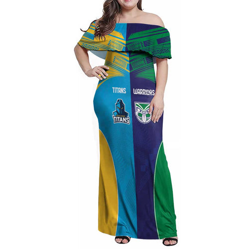 Custom Warriors-Titans Family Matching Off Shoulder Maxi Dress and Hawaiian Shirt Together Sporty Style