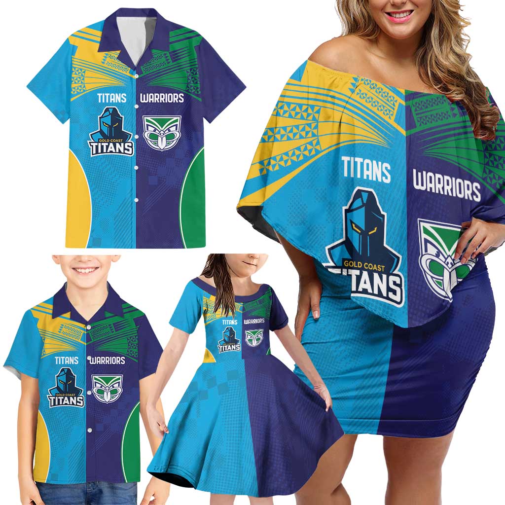 Custom Warriors-Titans Family Matching Off Shoulder Short Dress and Hawaiian Shirt Together Sporty Style
