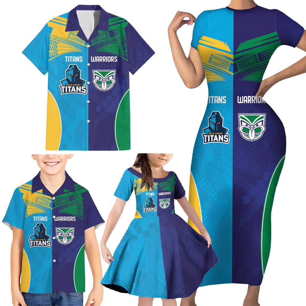 Custom Warriors-Titans Family Matching Short Sleeve Bodycon Dress and Hawaiian Shirt Together Sporty Style