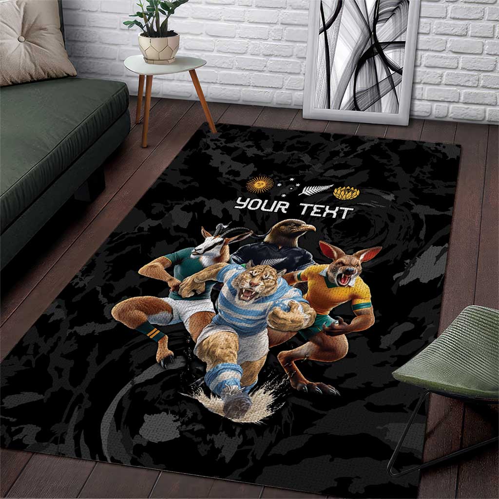 Custom Rugby Southern Hemisphere Area Rug Argentina AUNZ South Africa Mascot Black - Aussie Hoodie