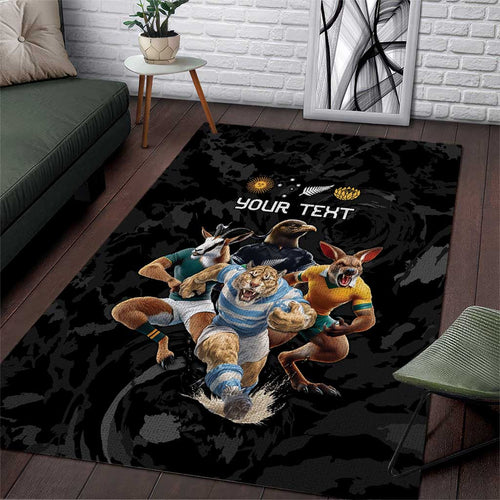 Custom Rugby Southern Hemisphere Area Rug Argentina AUNZ South Africa Mascot Black - Aussie Hoodie