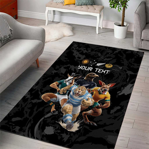 Custom Rugby Southern Hemisphere Area Rug Argentina AUNZ South Africa Mascot Black - Aussie Hoodie