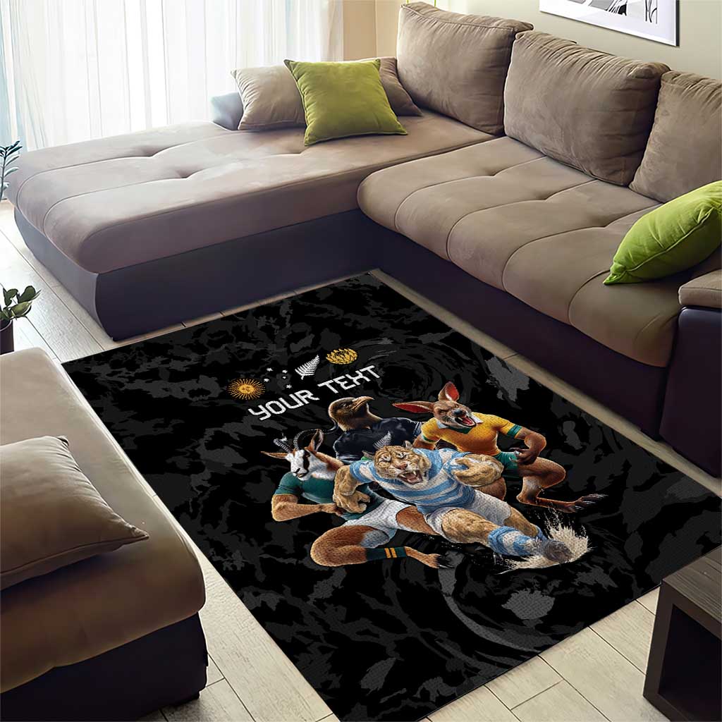 Custom Rugby Southern Hemisphere Area Rug Argentina AUNZ South Africa Mascot Black - Aussie Hoodie