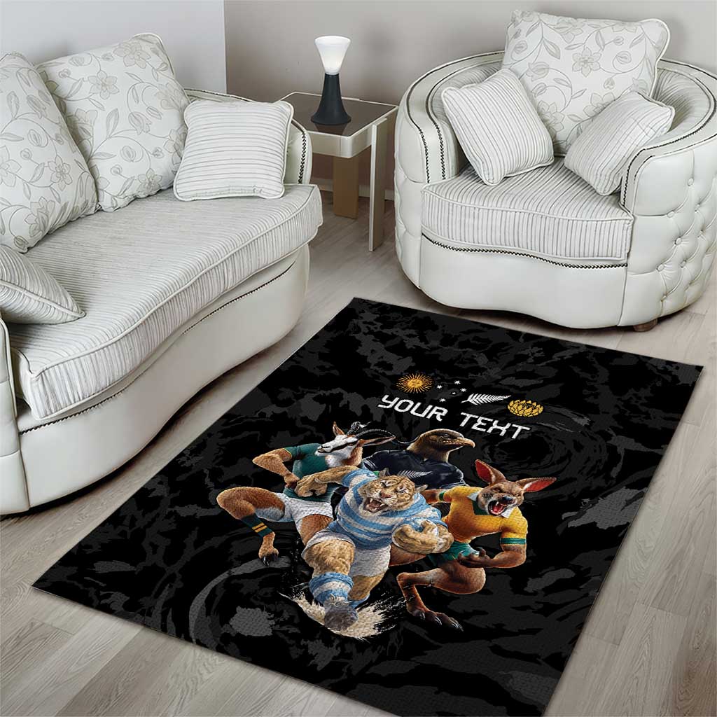 Custom Rugby Southern Hemisphere Area Rug Argentina AUNZ South Africa Mascot Black - Aussie Hoodie