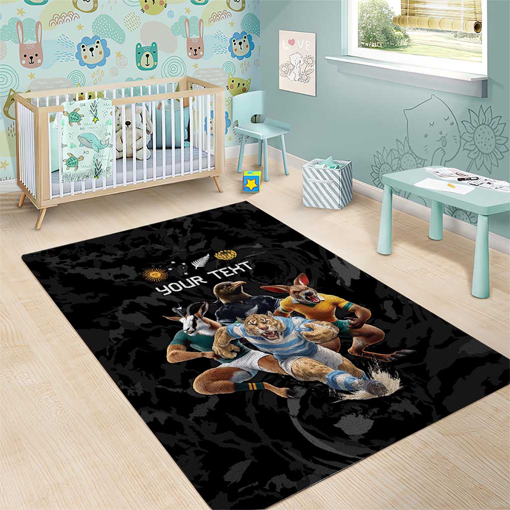 Custom Rugby Southern Hemisphere Area Rug Argentina AUNZ South Africa Mascot Black - Aussie Hoodie