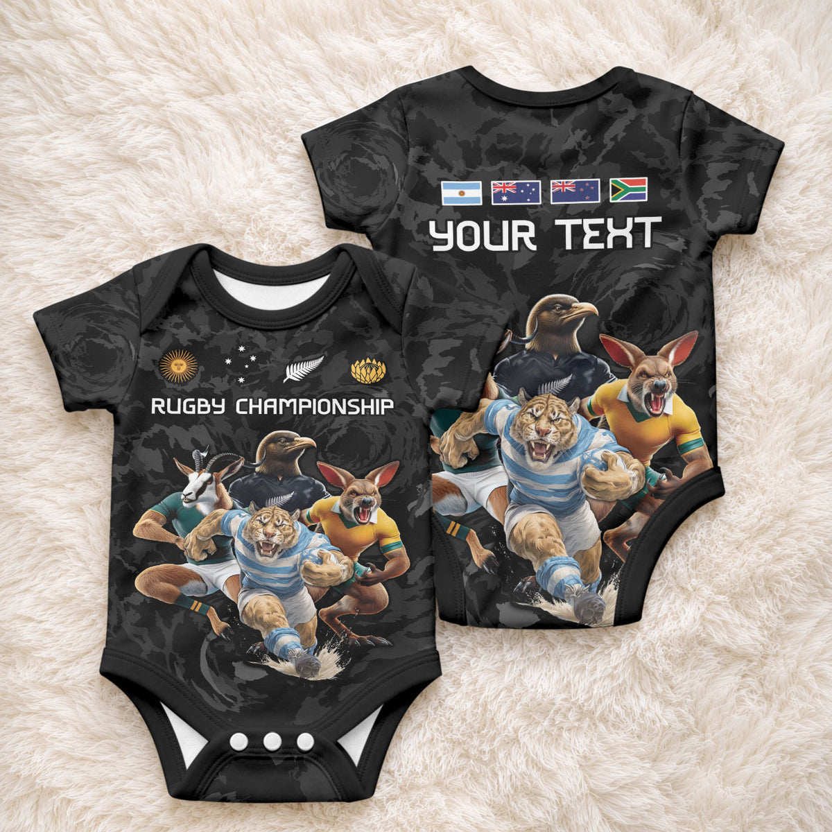 Custom Rugby Southern Hemisphere Baby Onesie Argentina AUNZ South Africa Mascot Black