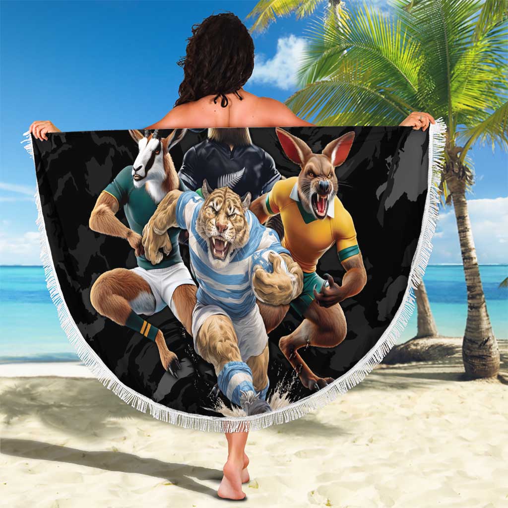 Custom Rugby Southern Hemisphere Beach Blanket Argentina AUNZ South Africa Mascot Black - Aussie Hoodie