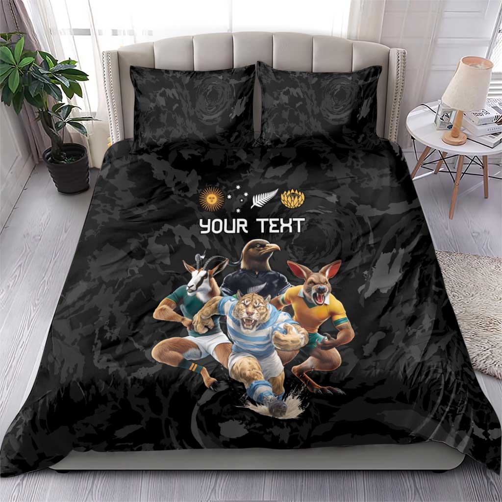 Custom Rugby Southern Hemisphere Bedding Set Argentina AUNZ South Africa Mascot Black - Aussie Hoodie