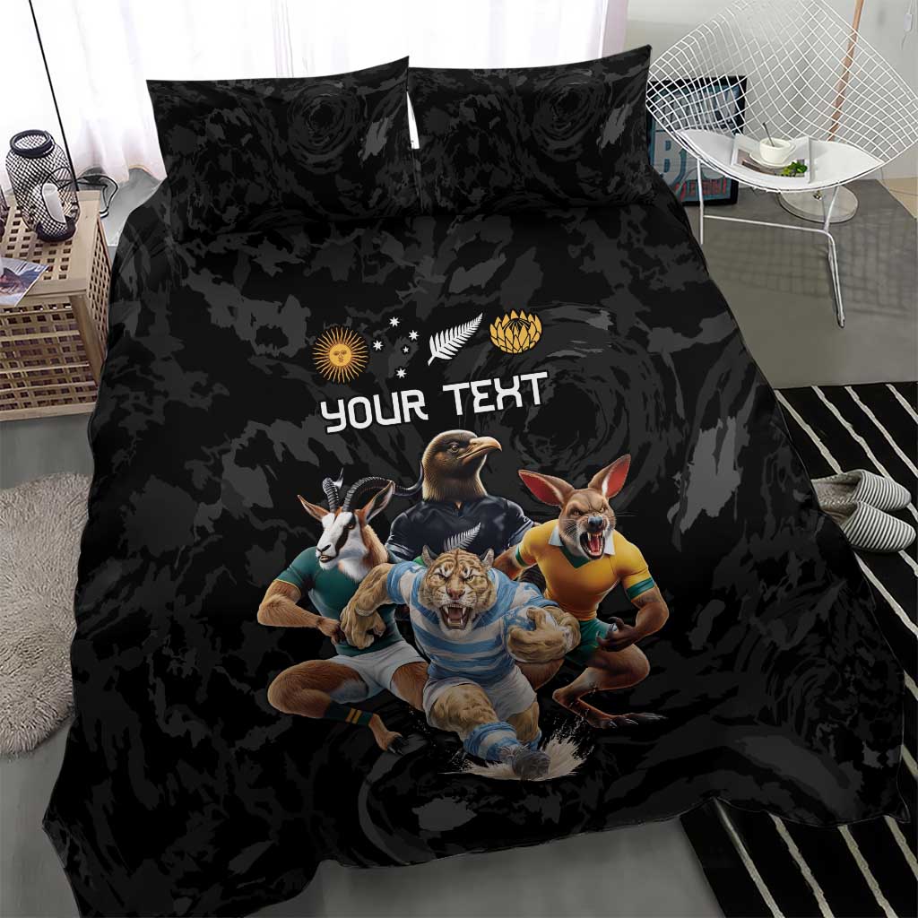 Custom Rugby Southern Hemisphere Bedding Set Argentina AUNZ South Africa Mascot Black - Aussie Hoodie