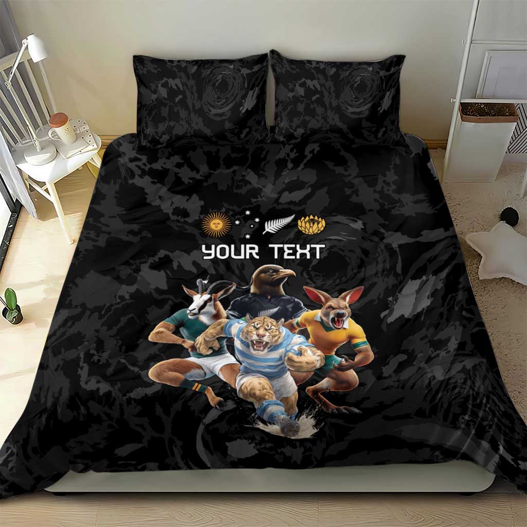 Custom Rugby Southern Hemisphere Bedding Set Argentina AUNZ South Africa Mascot Black - Aussie Hoodie