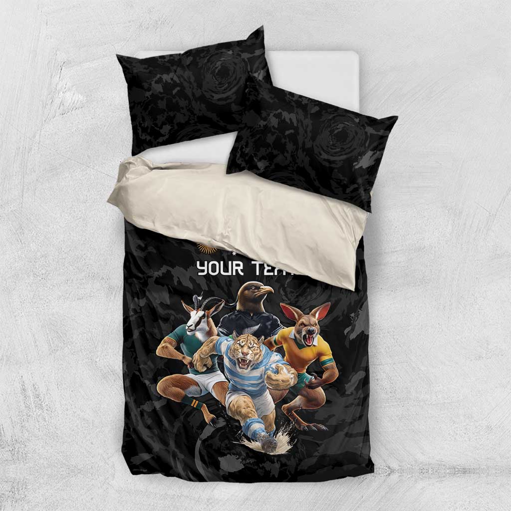 Custom Rugby Southern Hemisphere Bedding Set Argentina AUNZ South Africa Mascot Black - Aussie Hoodie