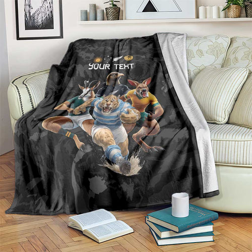 Custom Rugby Southern Hemisphere Blanket Argentina AUNZ South Africa Mascot Black - Aussie Hoodie