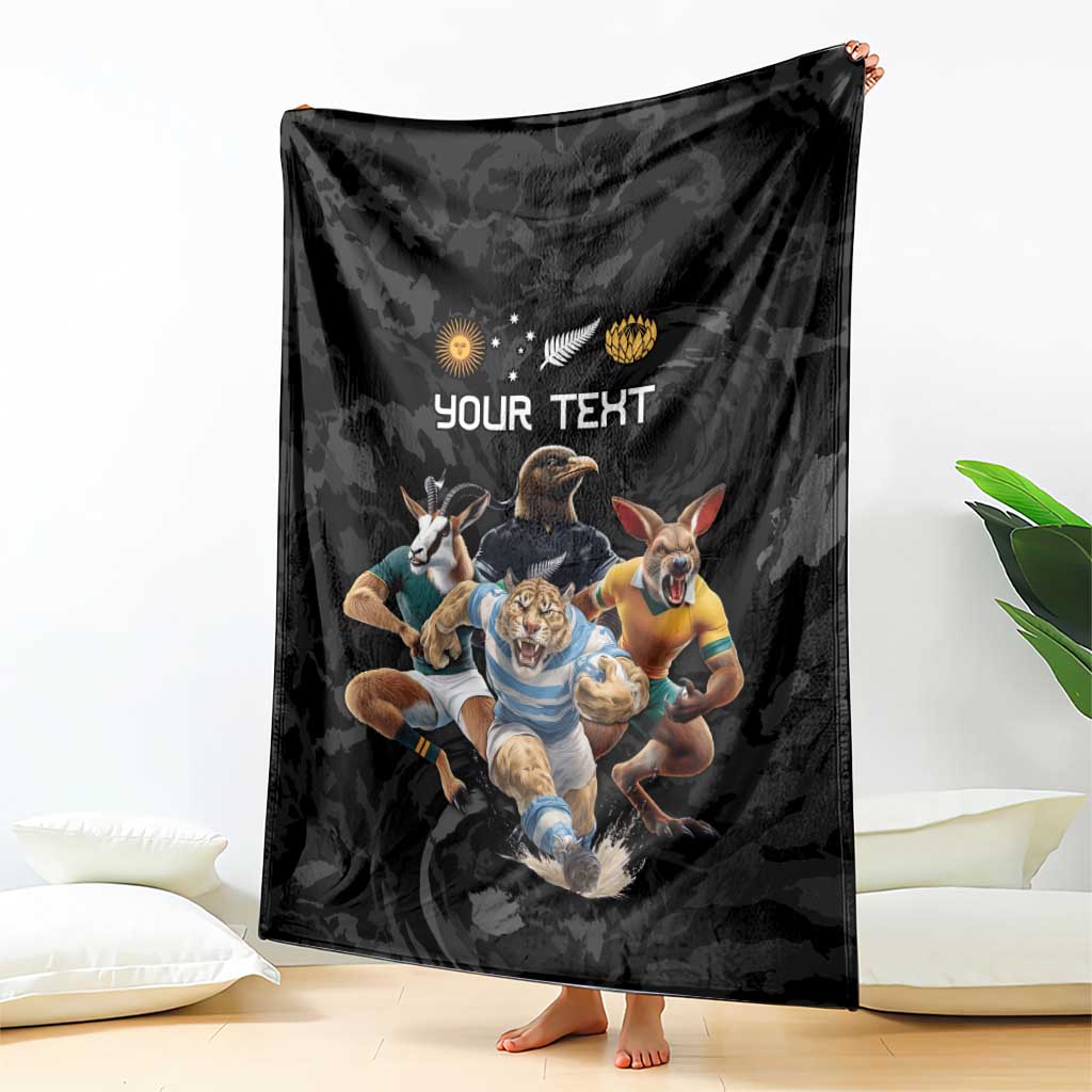 Custom Rugby Southern Hemisphere Blanket Argentina AUNZ South Africa Mascot Black - Aussie Hoodie
