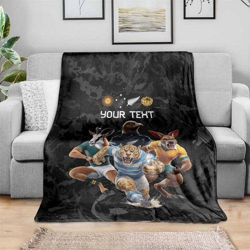 Custom Rugby Southern Hemisphere Blanket Argentina AUNZ South Africa Mascot Black - Aussie Hoodie