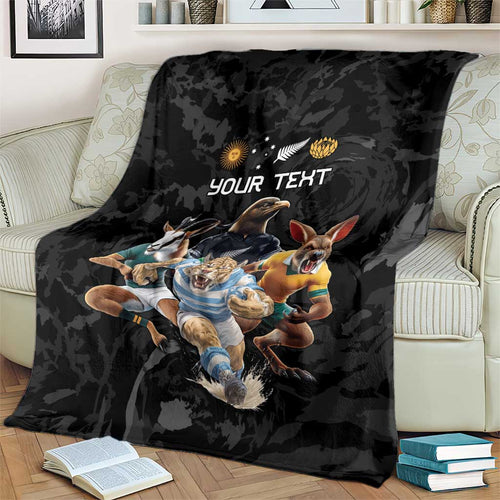 Custom Rugby Southern Hemisphere Blanket Argentina AUNZ South Africa Mascot Black - Aussie Hoodie