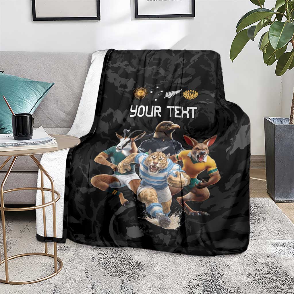 Custom Rugby Southern Hemisphere Blanket Argentina AUNZ South Africa Mascot Black - Aussie Hoodie