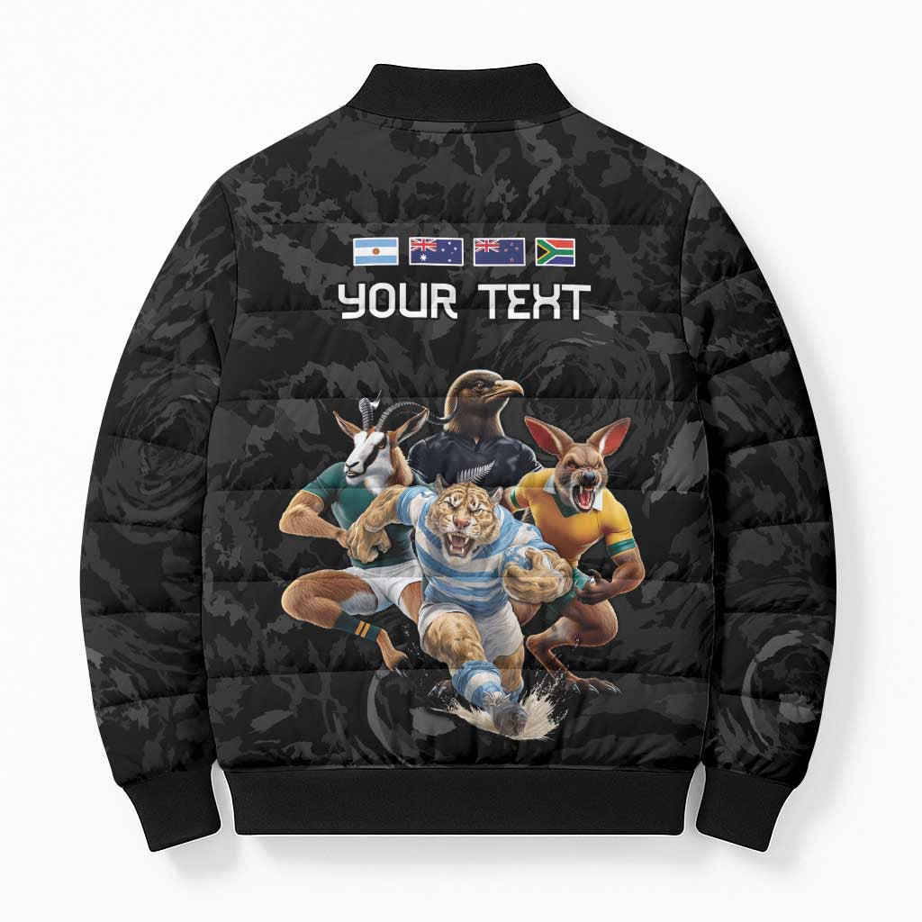 Custom Rugby Southern Hemisphere Bomber Puffer Jacket Argentina AUNZ South Africa Mascot Black - Aussie Hoodie