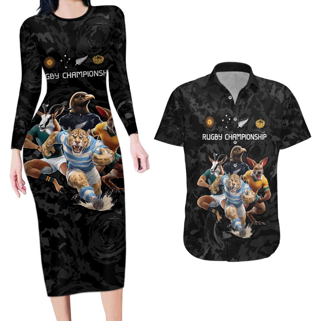 Custom Rugby Southern Hemisphere Couples Matching Long Sleeve Bodycon Dress and Hawaiian Shirt Argentina AUNZ South Africa Mascot Black - Aussie Hoodie