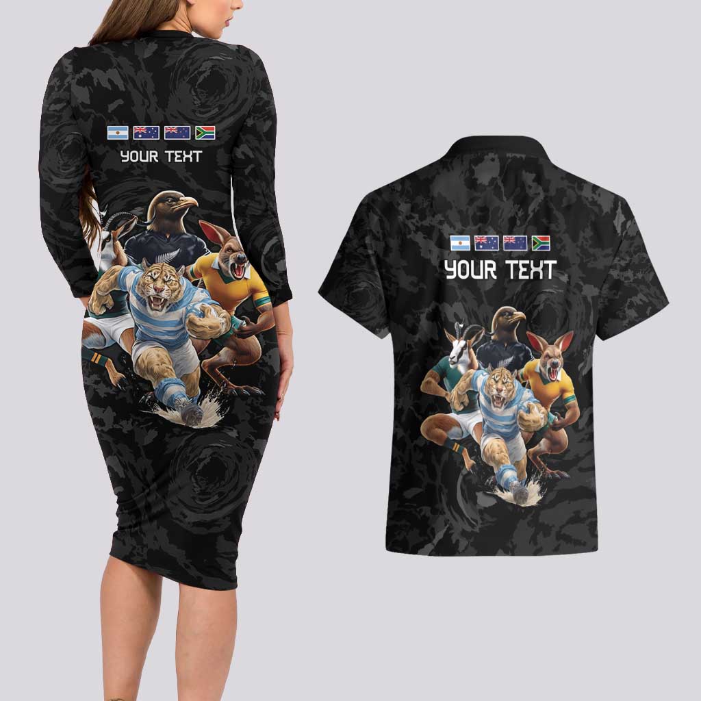 Custom Rugby Southern Hemisphere Couples Matching Long Sleeve Bodycon Dress and Hawaiian Shirt Argentina AUNZ South Africa Mascot Black - Aussie Hoodie