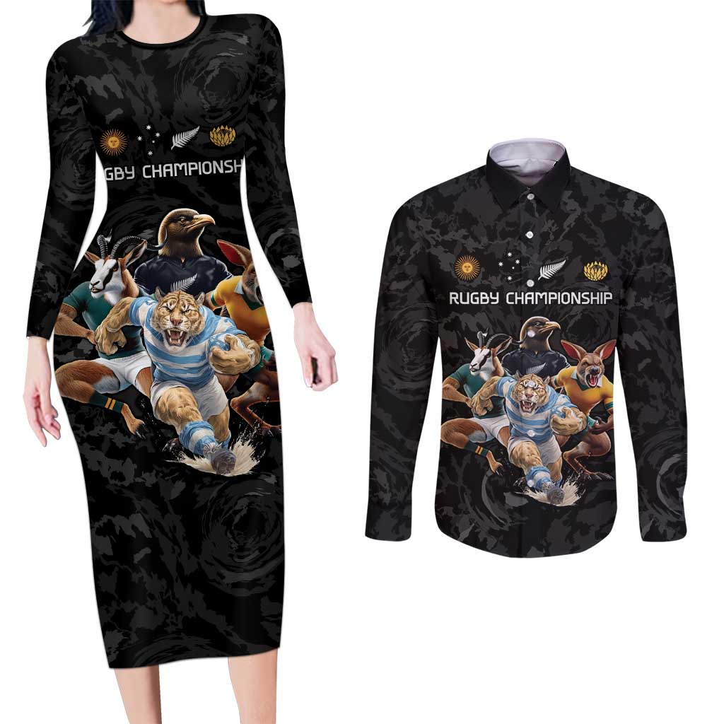 Custom Rugby Southern Hemisphere Couples Matching Long Sleeve Bodycon Dress and Long Sleeve Button Shirt Argentina AUNZ South Africa Mascot Black - Aussie Hoodie