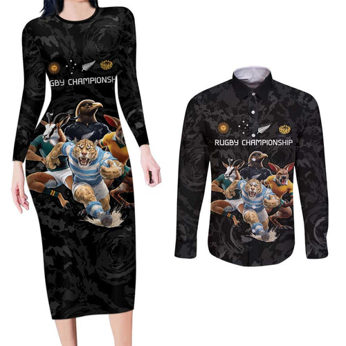 Custom Rugby Southern Hemisphere Couples Matching Long Sleeve Bodycon Dress and Long Sleeve Button Shirt Argentina AUNZ South Africa Mascot Black - Aussie Hoodie