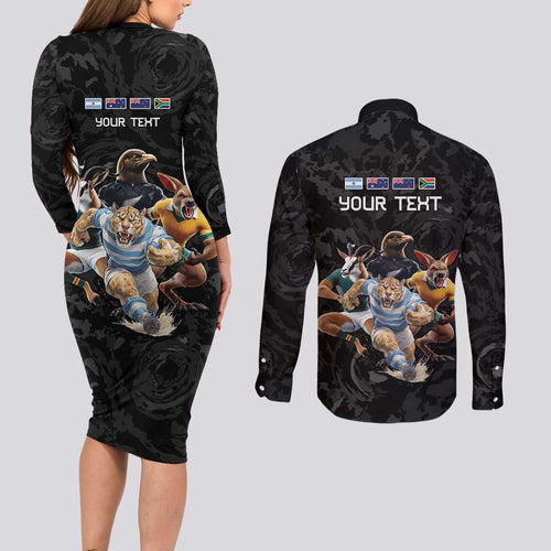 Custom Rugby Southern Hemisphere Couples Matching Long Sleeve Bodycon Dress and Long Sleeve Button Shirt Argentina AUNZ South Africa Mascot Black - Aussie Hoodie
