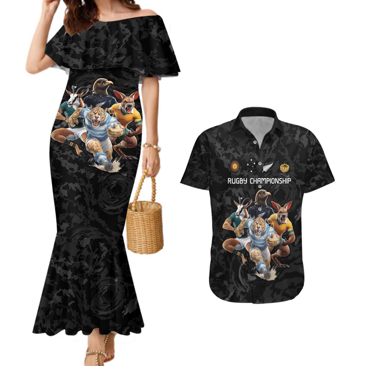 Custom Rugby Southern Hemisphere Couples Matching Mermaid Dress and Hawaiian Shirt Argentina AUNZ South Africa Mascot Black - Aussie Hoodie