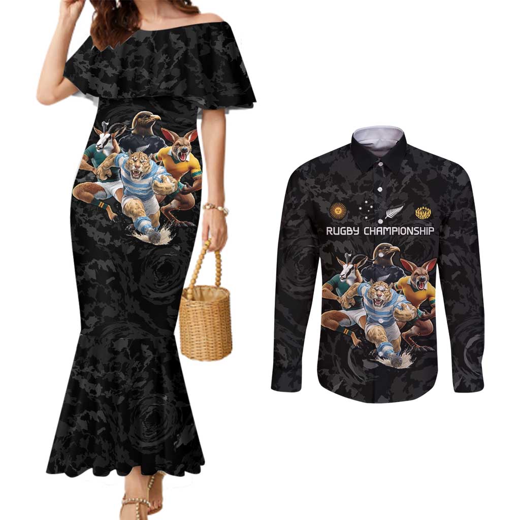 Custom Rugby Southern Hemisphere Couples Matching Mermaid Dress and Long Sleeve Button Shirt Argentina AUNZ South Africa Mascot Black - Aussie Hoodie