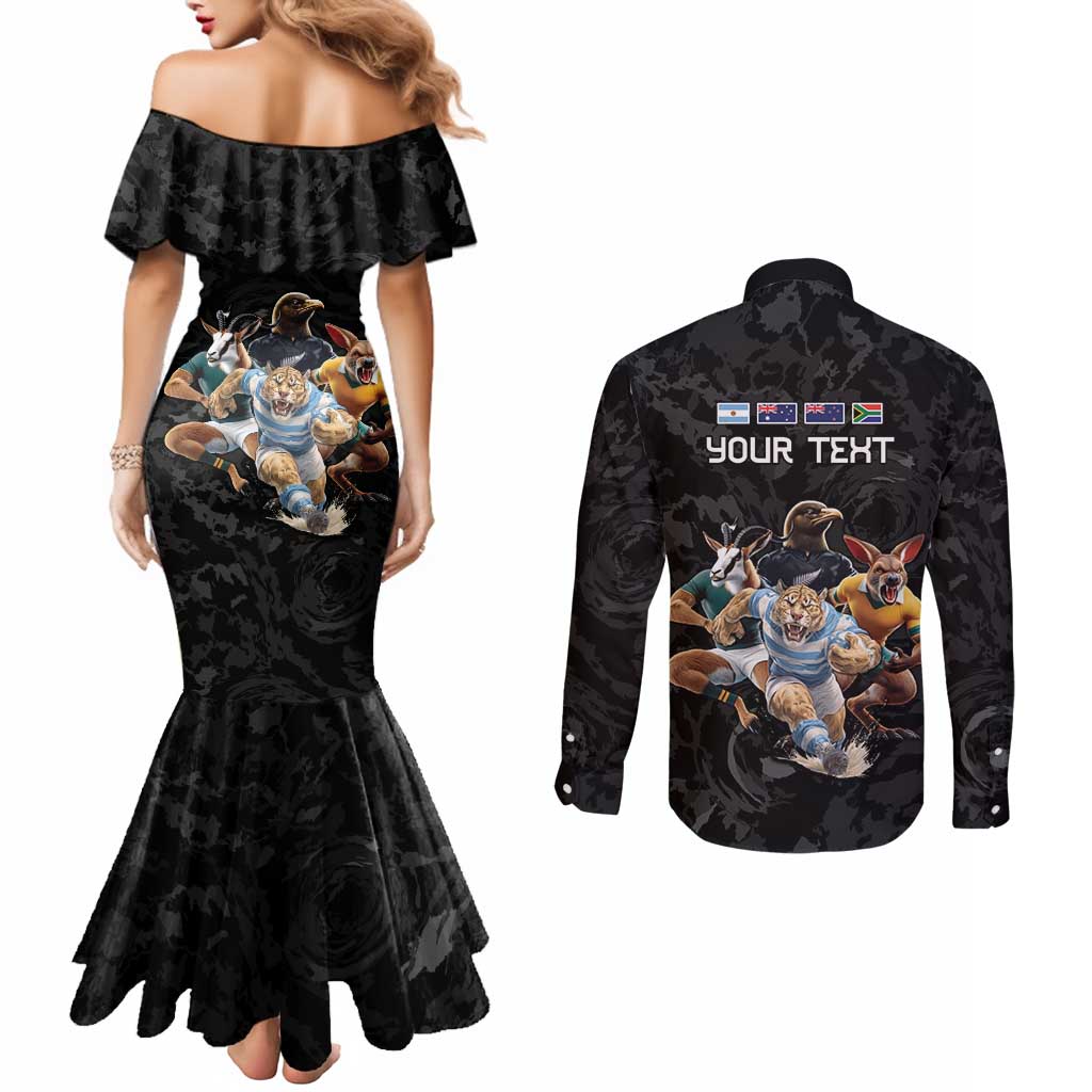 Custom Rugby Southern Hemisphere Couples Matching Mermaid Dress and Long Sleeve Button Shirt Argentina AUNZ South Africa Mascot Black - Aussie Hoodie