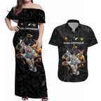 Custom Rugby Southern Hemisphere Couples Matching Off Shoulder Maxi Dress and Hawaiian Shirt Argentina AUNZ South Africa Mascot Black - Aussie Hoodie