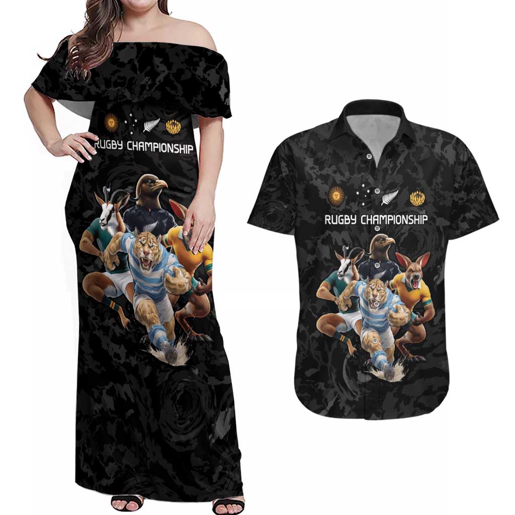 Custom Rugby Southern Hemisphere Couples Matching Off Shoulder Maxi Dress and Hawaiian Shirt Argentina AUNZ South Africa Mascot Black - Aussie Hoodie