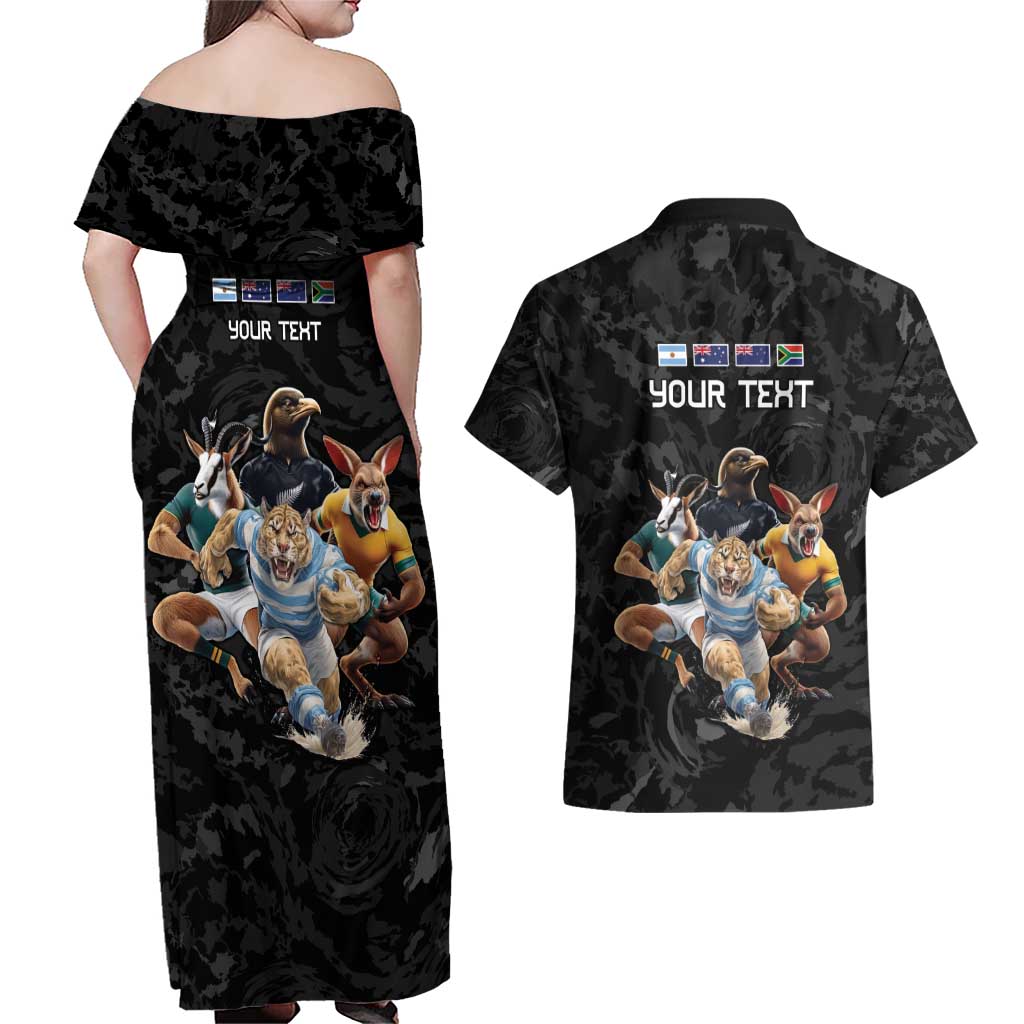 Custom Rugby Southern Hemisphere Couples Matching Off Shoulder Maxi Dress and Hawaiian Shirt Argentina AUNZ South Africa Mascot Black - Aussie Hoodie