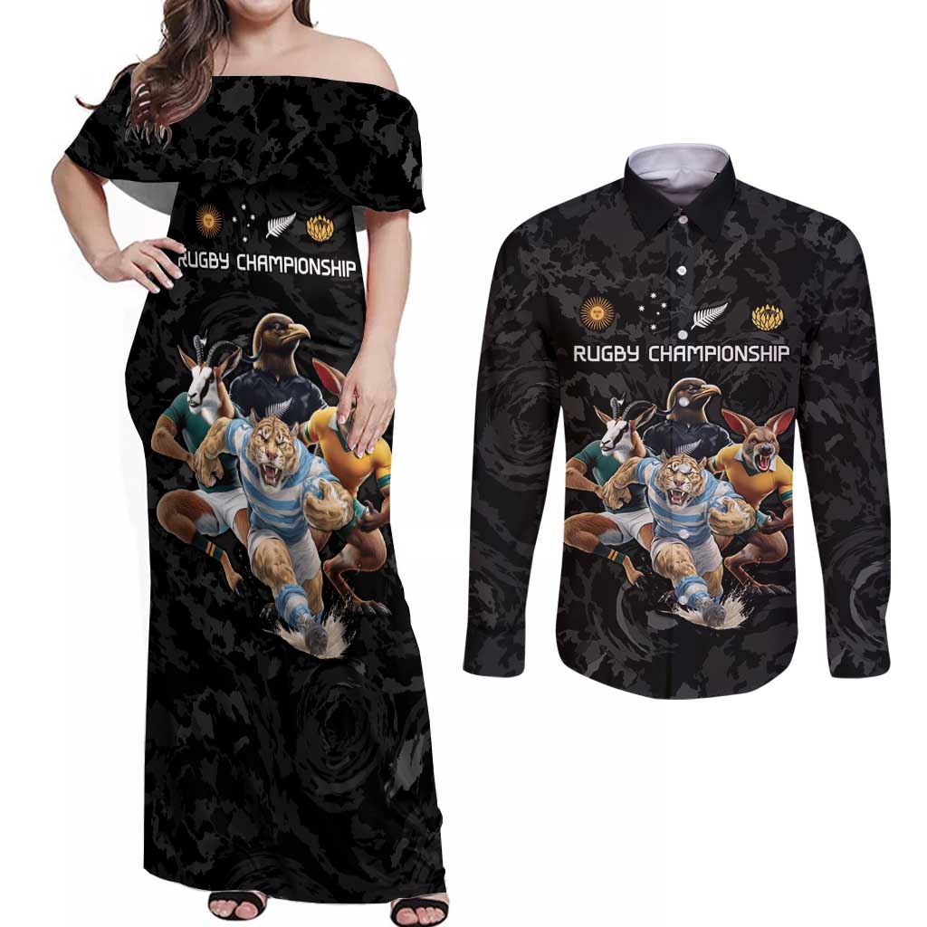 Custom Rugby Southern Hemisphere Couples Matching Off Shoulder Maxi Dress and Long Sleeve Button Shirt Argentina AUNZ South Africa Mascot Black - Aussie Hoodie