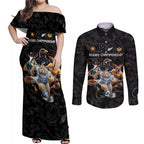 Custom Rugby Southern Hemisphere Couples Matching Off Shoulder Maxi Dress and Long Sleeve Button Shirt Argentina AUNZ South Africa Mascot Black - Aussie Hoodie