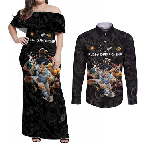 Custom Rugby Southern Hemisphere Couples Matching Off Shoulder Maxi Dress and Long Sleeve Button Shirt Argentina AUNZ South Africa Mascot Black - Aussie Hoodie