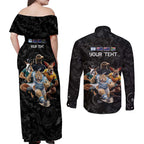 Custom Rugby Southern Hemisphere Couples Matching Off Shoulder Maxi Dress and Long Sleeve Button Shirt Argentina AUNZ South Africa Mascot Black - Aussie Hoodie