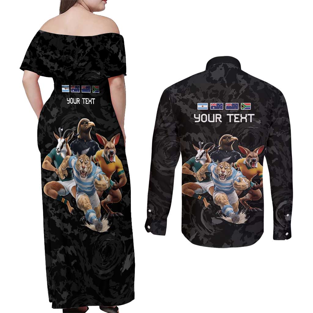 Custom Rugby Southern Hemisphere Couples Matching Off Shoulder Maxi Dress and Long Sleeve Button Shirt Argentina AUNZ South Africa Mascot Black - Aussie Hoodie