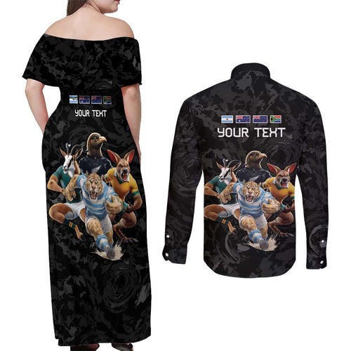 Custom Rugby Southern Hemisphere Couples Matching Off Shoulder Maxi Dress and Long Sleeve Button Shirt Argentina AUNZ South Africa Mascot Black - Aussie Hoodie