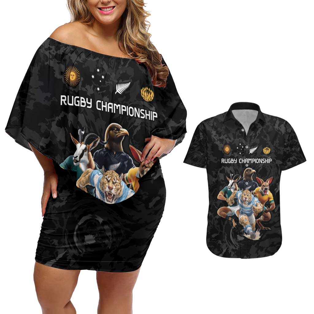 Custom Rugby Southern Hemisphere Couples Matching Off Shoulder Short Dress and Hawaiian Shirt Argentina AUNZ South Africa Mascot Black - Aussie Hoodie